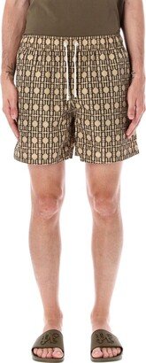 Monogram Print Drawstring Swim Shorts