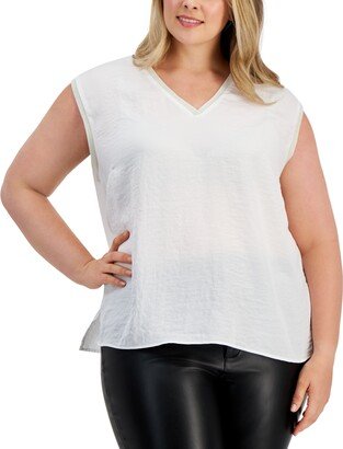 Plus Size Sleeveless V-Neck Ribbed Trim Blouse