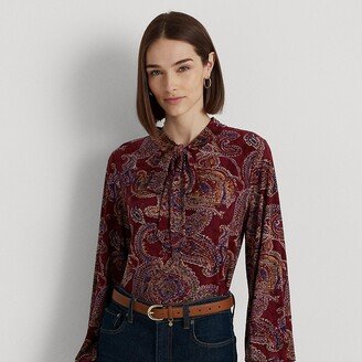 Ralph Lauren Paisley Tie-Neck Stretch Jersey Top