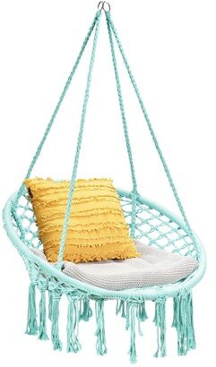 Hanging Macrame Hammock Chair with Handwoven Cotton Backrest-Turquoise - 32