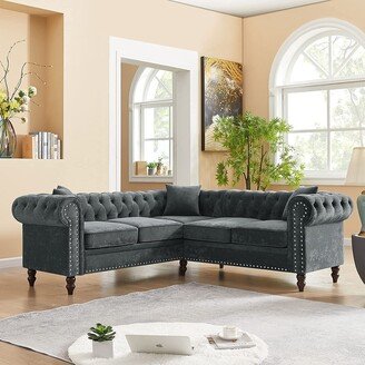 IGEMAN 80 Velvet Corner Sofa, Button Tufted Upholstered Roll Arm Luxury Classic L-Shaped Sofa with 3 Pillows & Solid Wood Gourd Legs