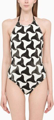 Black/white Wavy Triangle-print swimsuit