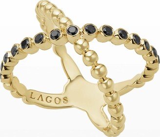 Caviar 18K Gold Crisscross Ring with Black Diamonds, Size 7