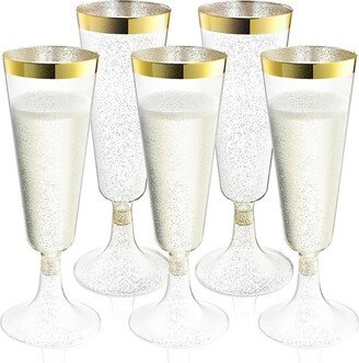 Chateau Fine Tableware Plastic Champagne Flutes Disposable - Gold Glitter With A Gold Rim - [1 Box Of 48] 4.5 Oz Premium Toasting Flutes