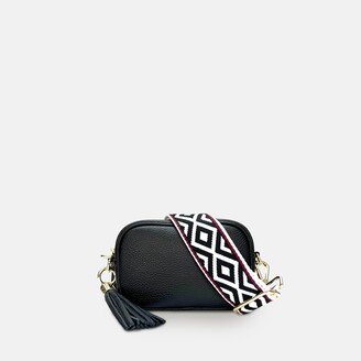 Apatchy London The Mini Tassel Black Leather Phone Bag With Black & Red Aztec Strap