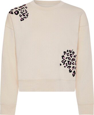 Ingmarson Leopard Embroidered Cropped Sweatshirt Ecru