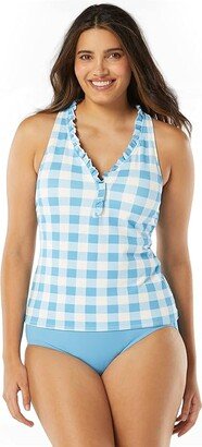 BEACH HOUSE Summer Gingham Nina Ruffle Trim Racerback Tankini (Beach Blue) Women's Swimwear