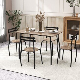 5PCS Dining Table Set 4 Chairs Wood & Metal Frame Space-saving