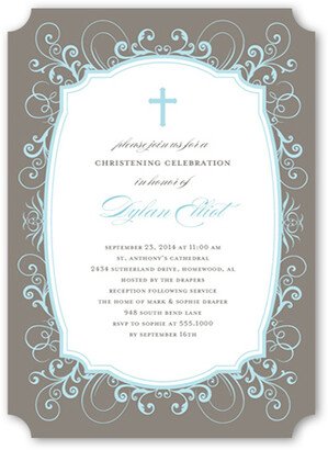 Baptism Invitations: Flourished Border Boy Baptism Invitation, Brown, Matte, Signature Smooth Cardstock, Ticket