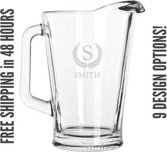 Custom Engraved Glass Beer Pitcher, Personalized, Outdoor Use, Groomsman, Dad Gift, Last Name, Monogram Or Initials, Ships in 48 Hours