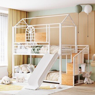 EDWINRAY Twin Over Twin Metal House Bunk Bed with Slide and Storage Stair