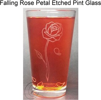 Falling Rose Petal Etched Pint Glass - Gift For Her Flower Engraved Cup Design Unique Anniversary Idea Clear 16Oz