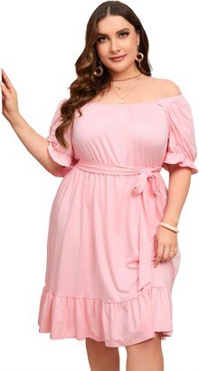 KOJOOIN Women's Casual Plus Size Square Neck Dress Short Sleeve Dress High Waist Ruffle Summer Midi Dress with Belt Pink 5XL