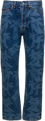 Blue 'Palmity' Jeans with All-over Palm Print in Cotton Denim Man-AA