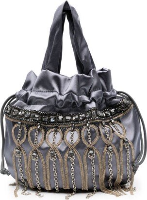 Rhinestone-Embellished Satin Bucket Bag