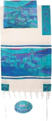 Jerusalem Vista in Color Woven Cotton and Silk Tallit Set By Yair Emanuel 21x77