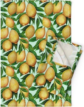 Italian Lemons Tea Towels | Set Of 2 - Amalfi Limone By Cynthia Oswald Mediterranean Fruit Tree Linen Cotton Spoonflower