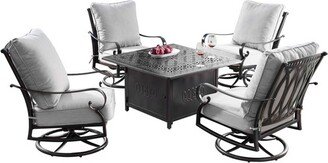 5pc Set with 42 Square Outdoor Aluminum Fire Table & Four Swivel Rocking Chairs & Wind Blocker Lid - Oakland Living