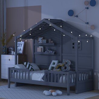 GREATPLANINC House-Shaped Twin Size House Bed with Window Roof and Safety Guardrail, Kids Bed with Shelves and Sparkling Light Strip for Kids