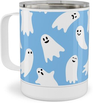 Travel Mugs: Cute Ghosts - Blue Stainless Steel Mug, 10Oz, Blue