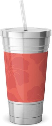 Travel Mugs: Hibiscus Florals - Coral And Red Stainless Tumbler With Straw, 18Oz, Pink