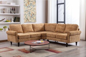 RASOO L-Shape Chenille Fabric Sectional Sofa Couch with Round Arms, Wood Legs