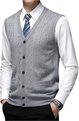 Dawwoti Mens Knitted Sleeveless Jumpers Wool Blend Front Button Cardigan Vest Twist Cable Knitwear Tank Light Gray