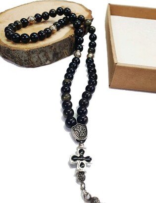 Obsidian 50 Beads Rosary - Prayer Rope With Komboloi Silver Cross And