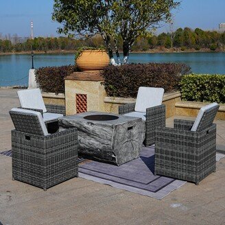 5-Piece Patio Wicker Chair with Wood Coating Propane Fire Pit Table