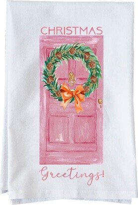 Christmas Greetings Pink Door Kitchen Towel | Decorative Flour Sack Towels Gifts Under 10