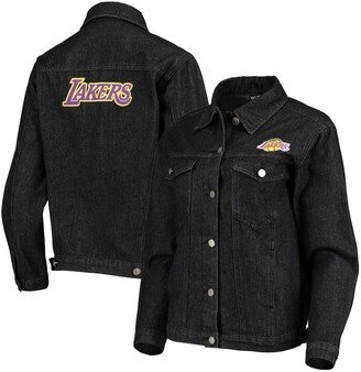 Women's The Wild Collective Black Los Angeles Lakers Patch Denim Button-Up Jacket