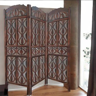 Devera Brown Decorative 3 Panel Mango Wood Screen with Abstract Carvings