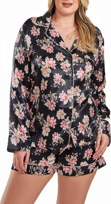 Cyrus Plus Size Floral Satin Pajama Short Set with Cuff Detail, 2 Piece
