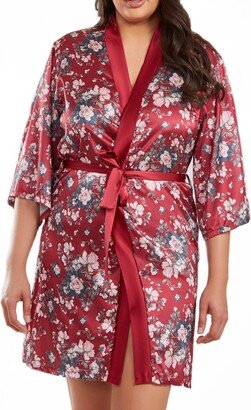 Jenna Plus Size Contrast Satin Floral Robe with Self Tie Sash, 1 Piece