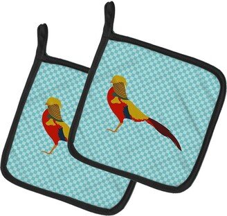 Golden or Chinese Pheasant Blue Check Pair of Pot Holders