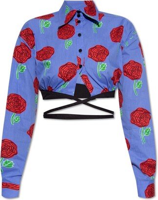 Floral-Printed Buttoned Cropped Blouse