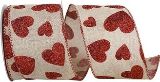 Red Glitter Hearts On Natural Linen Wired Ribbon