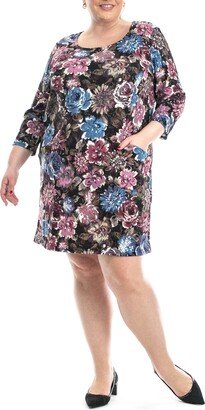 Scoop Neck Three-Quarter Sleeve Print Crepe A-Line Dress