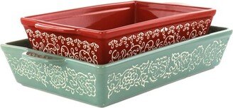 2 Piece Tierra Wax Relief Stoneware Baker Set in Red and Mint