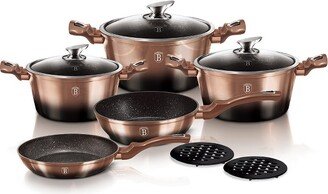 Berlinger Haus Cookware Set - Glass Lids, Ergonomic Soft Touch Handle, Bakelite mats, Casserole with Lid, Deep frypan, Frypan (Rose Gold Noir) 10-Pcs