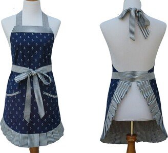 Women's Navy Blue & White Anchors Apron in A Nautical Cotton Print With Striped Trim, & Flirty Pleated Hem