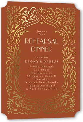 Rehearsal Dinner Invitations: Wonderful Weave Rehearsal Dinner Invitation, Gold Foil, Orange, 5X7, Pearl Shimmer Cardstock, Ticket