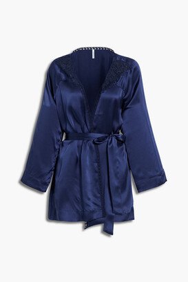 Belted crocheted lace-trimmed silk-blend satin robe