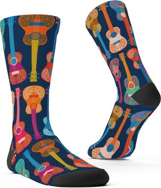 Socks: Hawaiian Ukulele - Multicolor On Blue Custom Socks, Multicolor