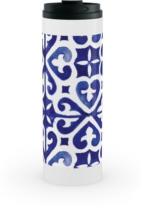 Travel Mugs: Lisbon Tiles Watercolor - Blue Stainless Mug, White, 16Oz, Blue