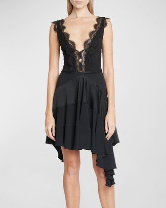 Dropped Ruffle Mini Dress with Lace Detail