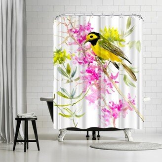 71 x 74 Shower Curtain, Hooded Warbler And Flowers by Suren Nersisyan