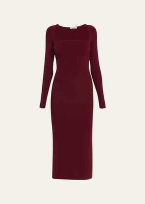 Ribbed Knit Curved-Neck Midi Dress