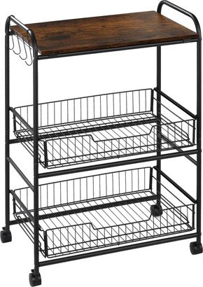 Homcom 24 3-Tier Rolling Kitchen Cart, Utility Storage Trolley with 2 Basket Drawers, Side Hooks for Dining Room, Brown