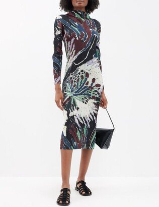 Abstract-print Technical-pleated Midi Dress